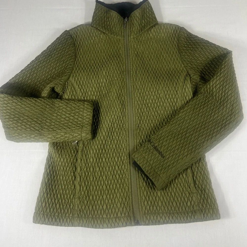 Columbia Women Olive Green Diamond Quilted Faux Fur Lined Full Zip Jacket Medium